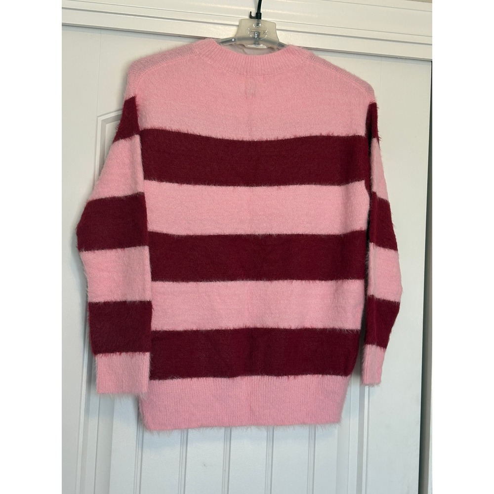 Universal Thread Pink Burgundy Striped Fuzzy Eyelash Knit Crewneck Sweater Small - Picture 7 of 9